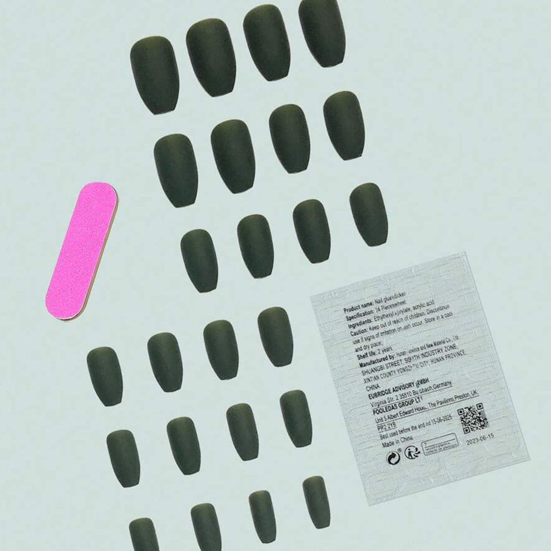 SHEIN 24pcs Mid-Length Almond Shaped Matte Deep Green Color Press On Nails
