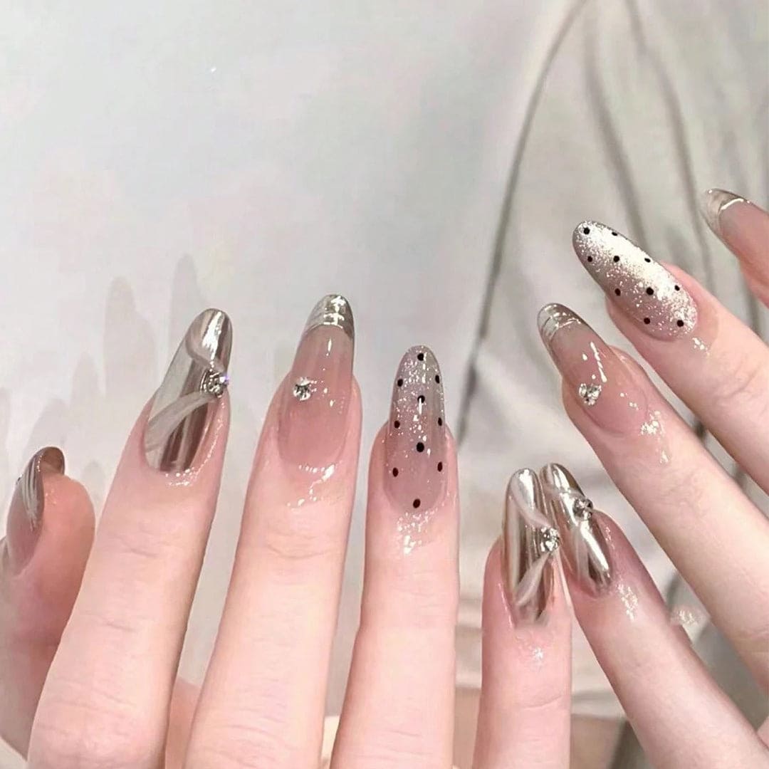 SHEIN Diamond-Encrusted Nude Stiletto Cat Eye Polka Dot Press On Nails