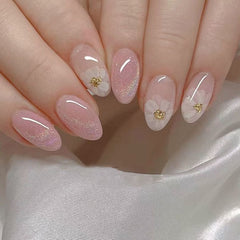 SHEIN Short Shimmer Flower & Star Oval Shape Press On Nails